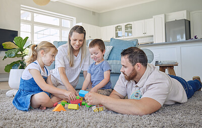 Buy stock photo Family, playing and building toys by parents and bonding on living room floor, learning, relax and creative puzzle. Education, child development and people teaching kids with shapes and color blocks