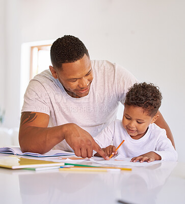 Buy stock photo Father, boy and books for education at house learning, studying and homework of creative drawing of knowledge growth. Smile, man and child with project, reading and teaching support in living room