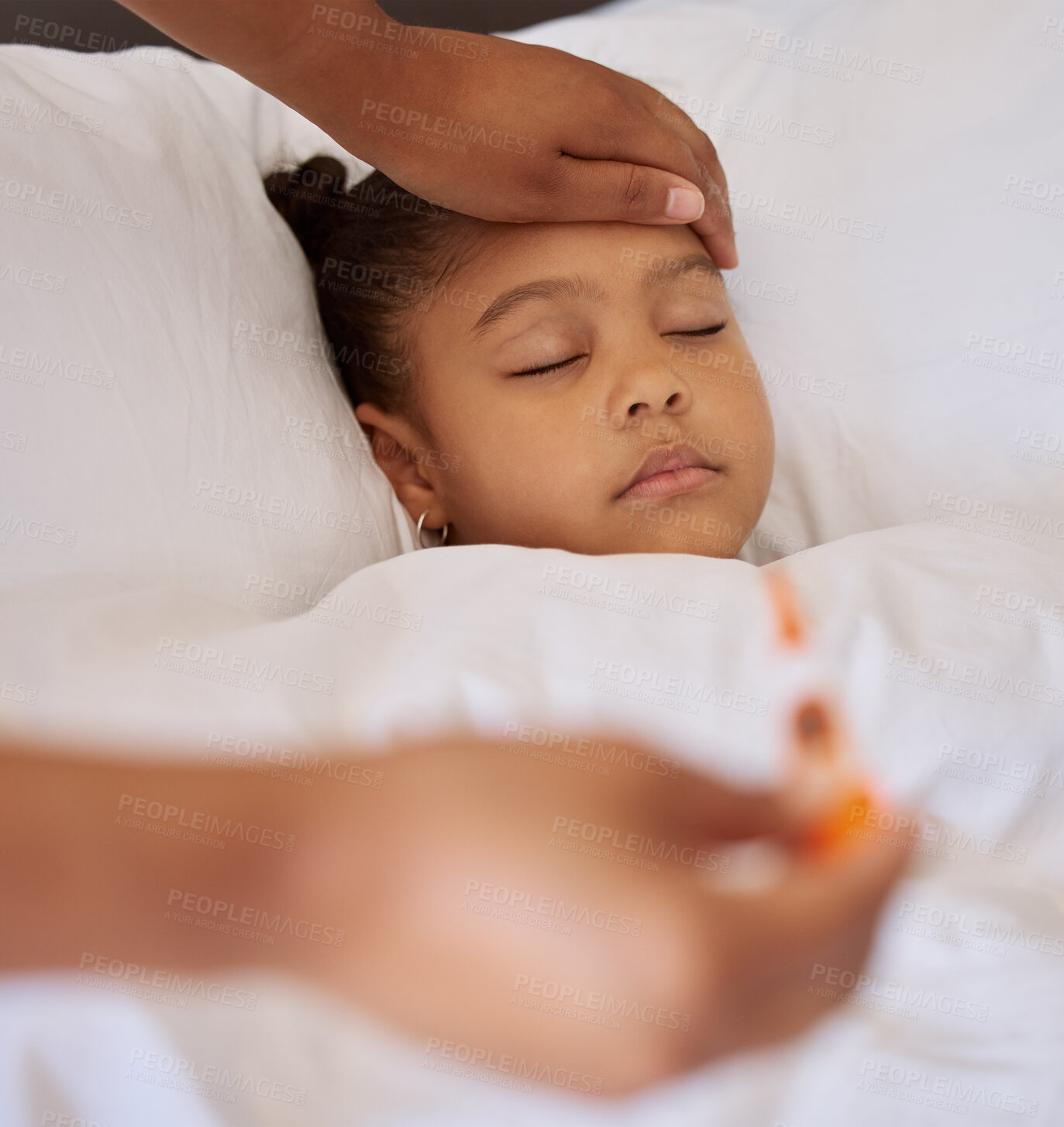 Buy stock photo Girl, hand and thermometer for fever in home, sick and cold or monitor temperature in bedroom. Female person, daughter and parent to check for virus on forehead, fatigue and infection or disease