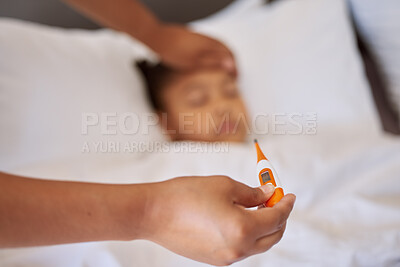 Buy stock photo Girl, hand and thermometer to check for fever in home, sick and cold or monitor temperature in bedroom. Female person, daughter and parent to touch for virus on forehead, fatigue and infection or ill