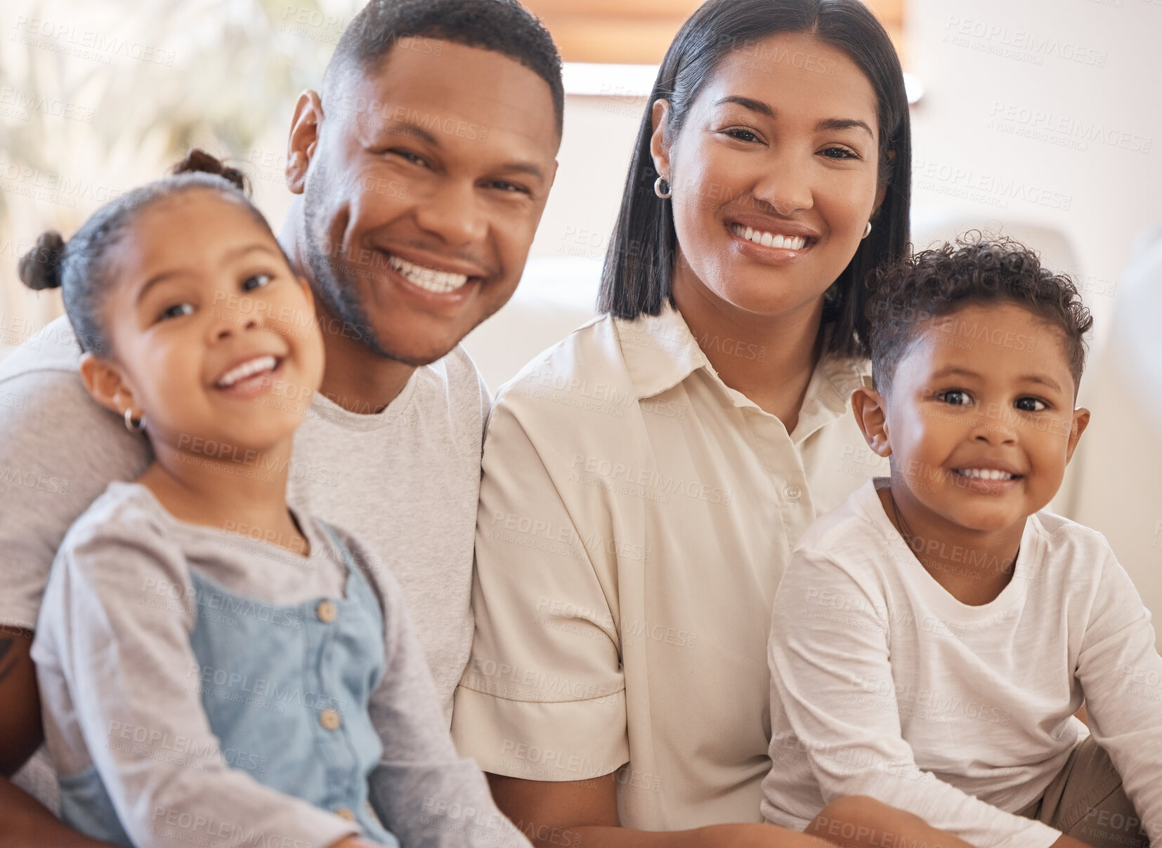 Buy stock photo Family, happy and portrait in living room for love, smile and connection or security in home for bonding. Parents, children and relax on couch for happiness, embrace or together for support with kids