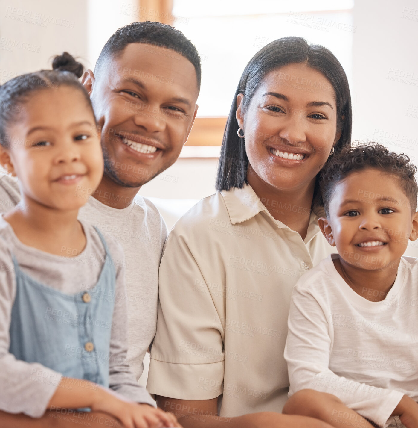 Buy stock photo Family, children and portrait on sofa for love, smile and connection or security in home for bonding. Parents, mother and father in lounge for happiness, embrace and together for support or couch