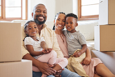 Buy stock photo Boxes, family portrait and kids on weekend for love, care and support for new home. Happy, African man and woman with children on floor for trust and together in lounge and pride for apartment  