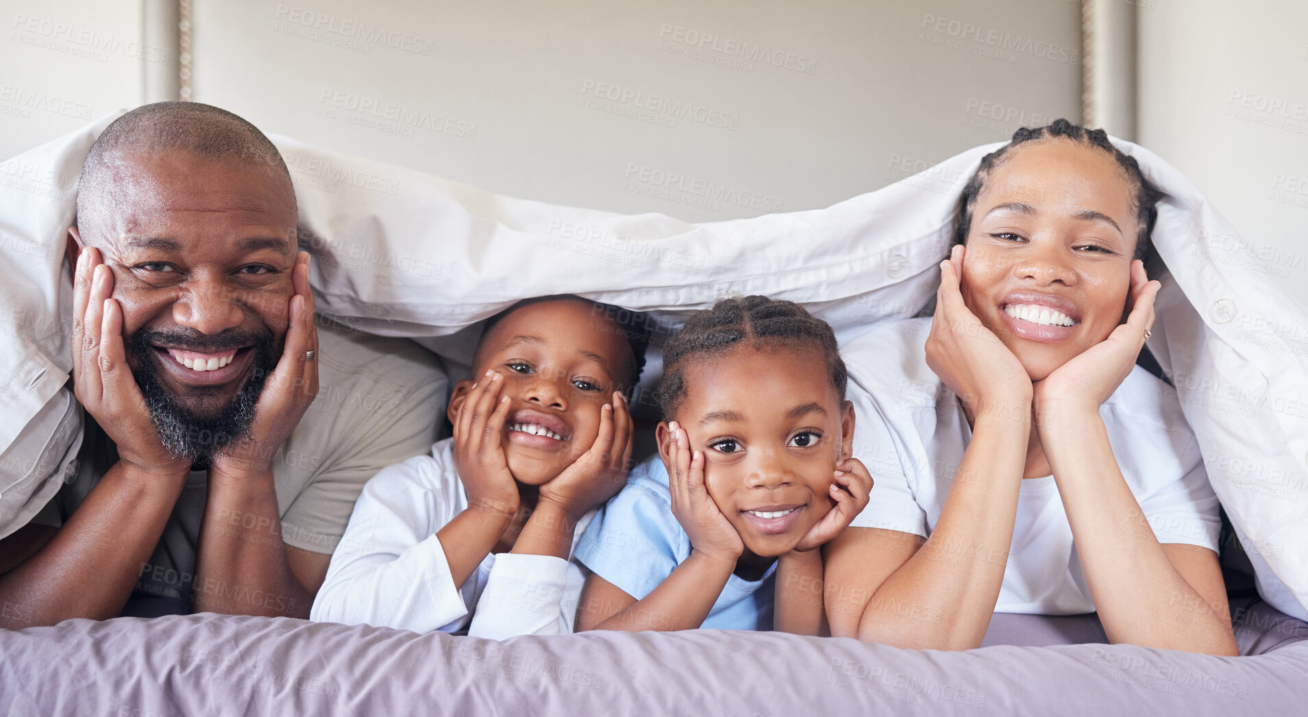 Buy stock photo African family, smile and portrait on weekend for relax, love and support or happiness in new home. Mom, dad and children with peace, calm and resting in bedroom or house for morning together