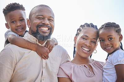 Buy stock photo Happy, family and portrait in garden on weekend for care, love and support in backyard. Mom, dad and piggy back with child, peace and smile in nature or countryside for vacation together in France