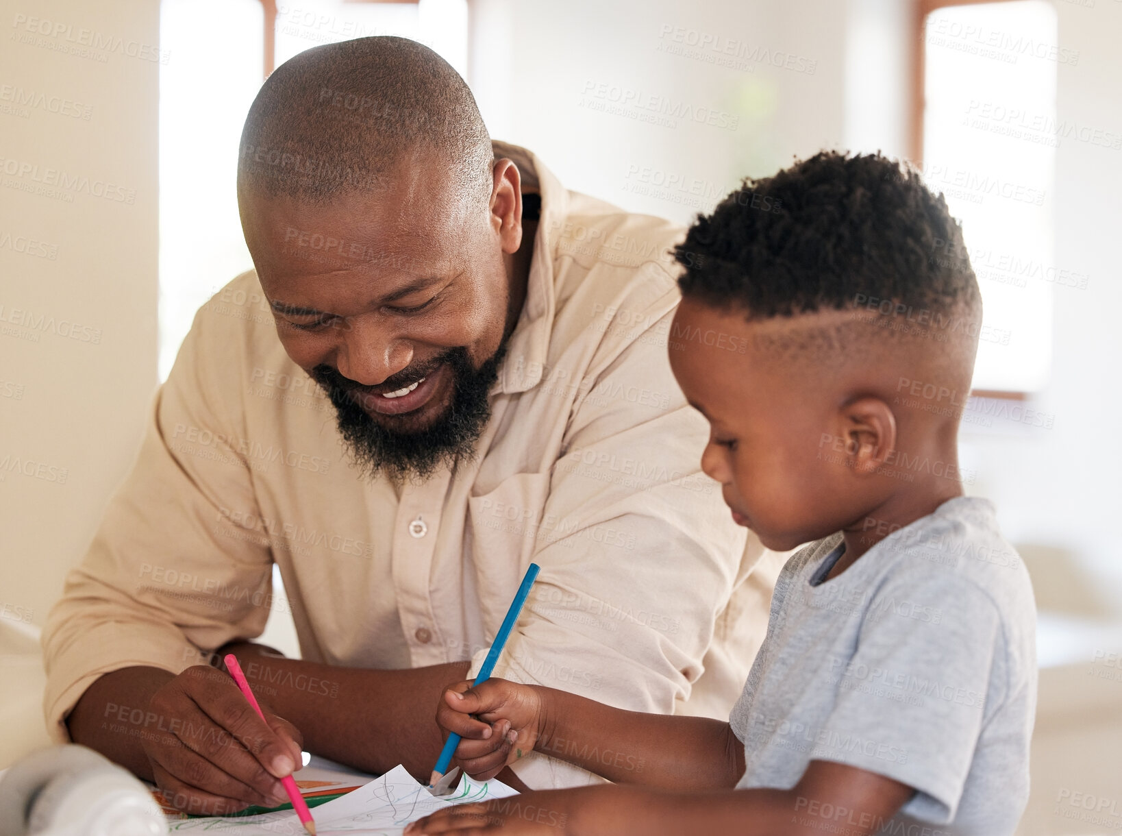 Buy stock photo Man, boy and black family in drawing, lounge for bonding or together for happiness in home. Father, child and art for education, creativity and learning for memory, growth and development on weekend