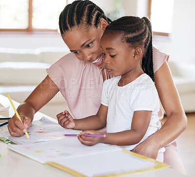 Buy stock photo Mother, daughter and black family in drawing, lounge for bonding or together for happiness in home. Woman, art and girl for education, love or affection for memory, growth and development on weekend