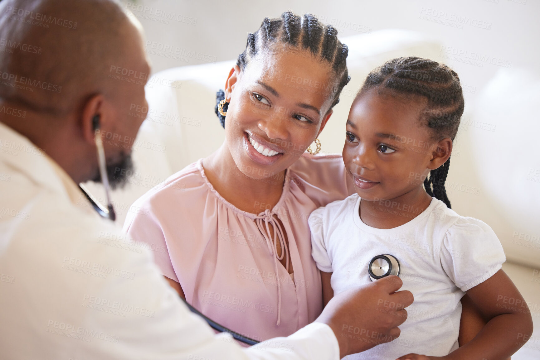 Buy stock photo Black people, mother and girl with doctor stethoscope for healthcare consultation and healthy lungs in hospital. African mama, young child and male pediatrician with check breathing for wellness