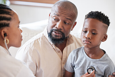 Buy stock photo Black family, child and doctor with stethoscope in clinic for healthcare consultation and heart or lung problem. African dad, boy kid and pediatrician woman with check breathing for asthma diagnosis