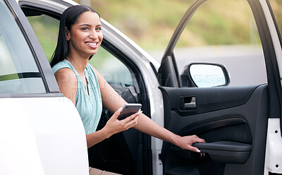 Buy stock photo Woman, portrait and happy in car door with smartphone for traveling, trip and drive for holiday. Female person, smile and satisfied or excited as tourist with transport insurance for safety as driver