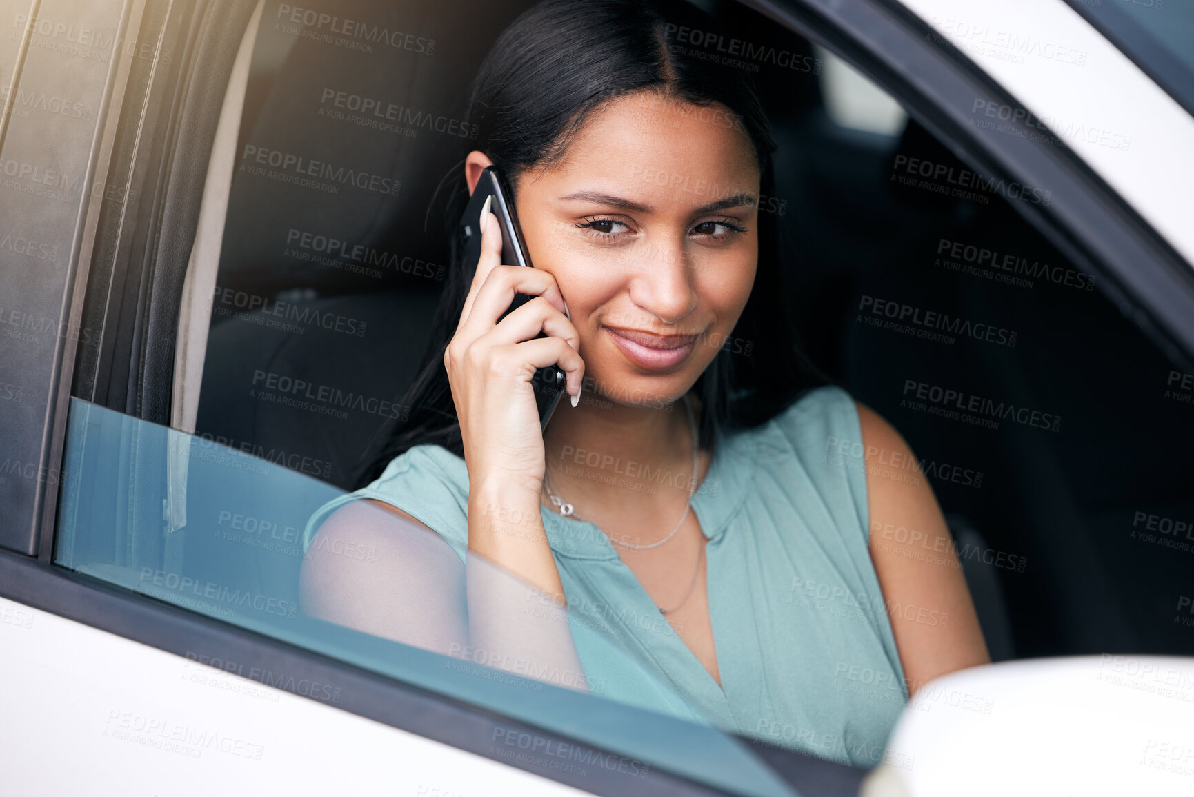 Buy stock photo Smile, travel and woman with phone call in car for schedule, communication and commute to work. Happy, business person and listening with tech for planning, conversation and transportation in morning