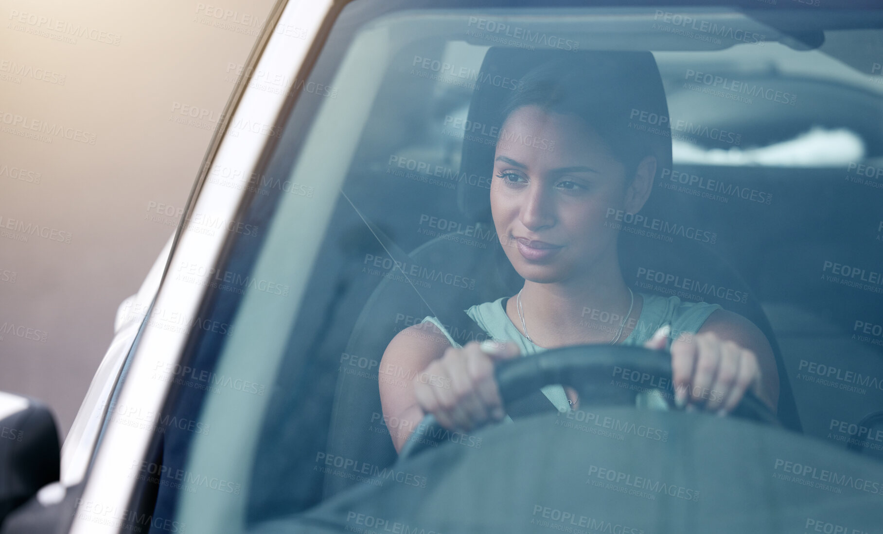 Buy stock photo Woman, car and thinking in windscreen as driver for traveling, road trip and drive for holiday. Female person, thoughts and satisfied confident as tourist with transport insurance for safety