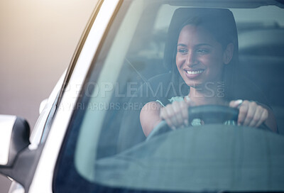 Buy stock photo Woman, car and happy in windscreen as driver for traveling, road trip and drive for holiday. Female person, smile and satisfied or confident as tourist with transport insurance for safety on vacation