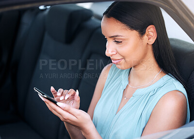 Buy stock photo Drive, phone or travel and road trip woman with app for directions, social media or text message. Car, communication or navigation and tourist person typing on mobile with vehicle for journey