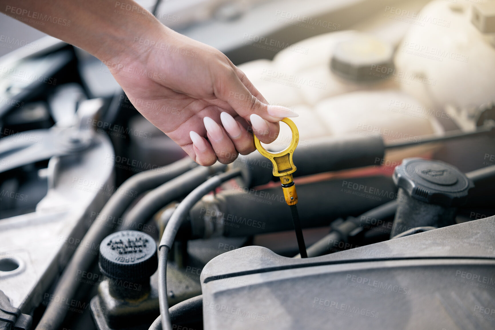 Buy stock photo Hand, engine and woman check car oil, vehicle problem and broken with business. Closeup, person and mechanic in workspace, garage and industry with service to fox problem, transport and inspection