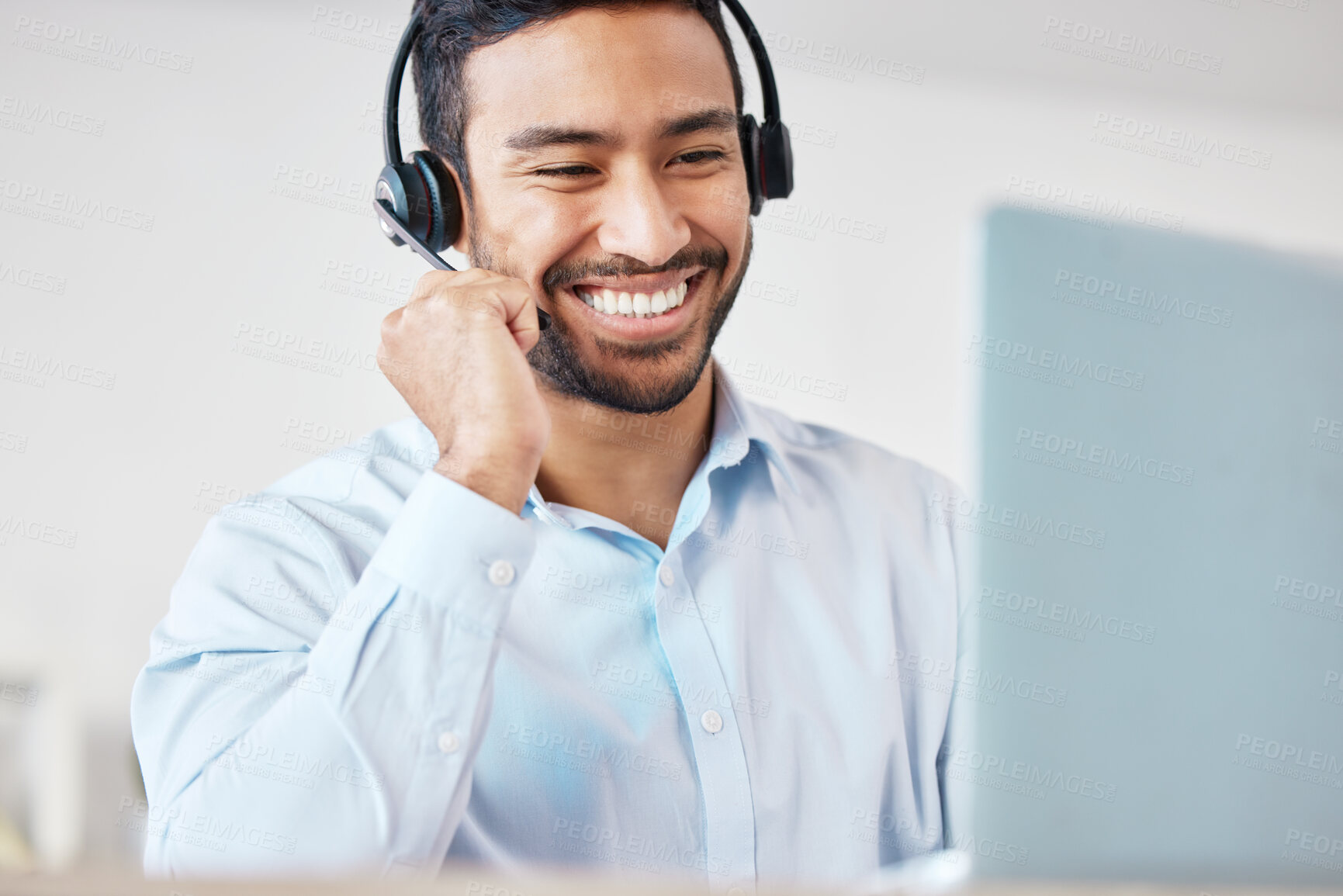 Buy stock photo Call center, telemarketing and man consultant with laptop and headset for online consultation in office. Technology, contact us and happy male technical support or customer service agent in workplace