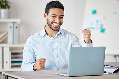 Buy stock photo Asian businessman, laptop and celebration for success, winning and victory on stock market with smile. Deal, winner and happy trader with profit increase in finance, investment and trading online