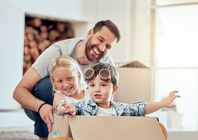 Buy stock photo Father, children and home with cardboard airplane for playing, happiness and bonding in new family house. Dad, siblings and push box in living room for fun or energy, growth and development with kids