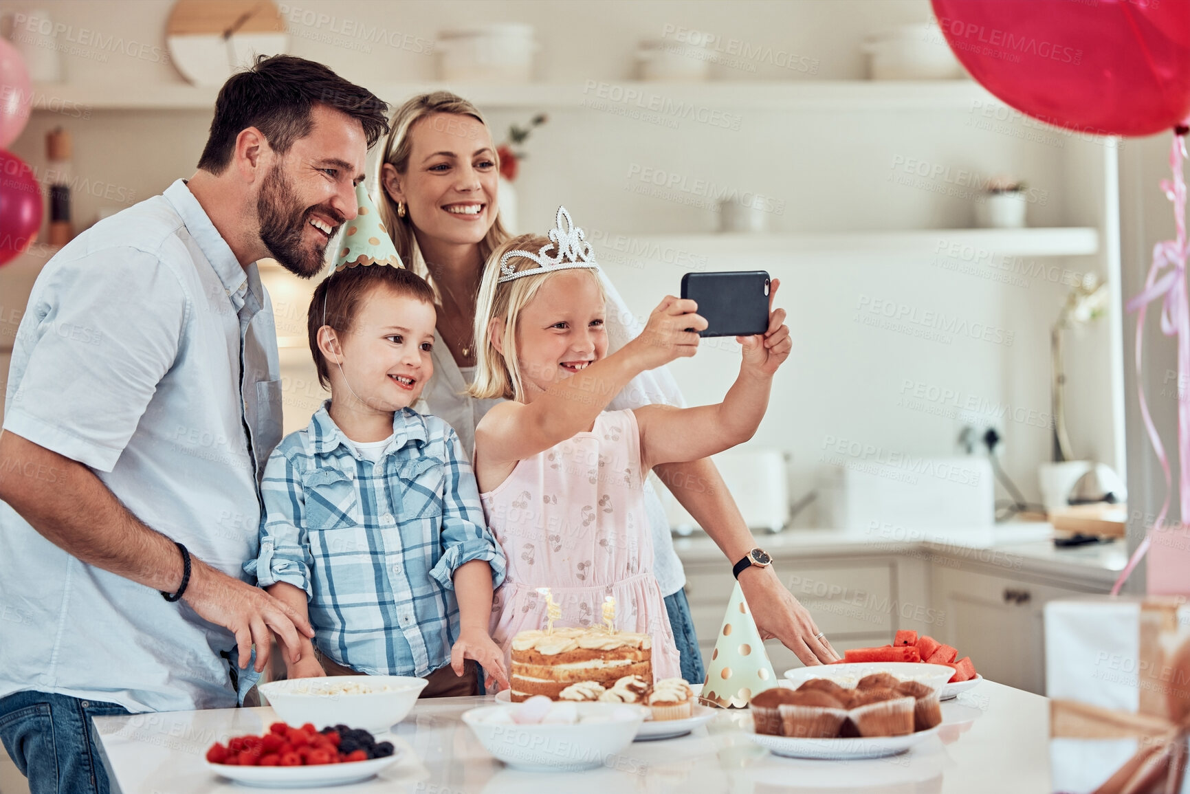 Buy stock photo Happy, family and selfie in home for birthday party memory, celebration and personal blog for social media. Mom, dad and bonding in house with photography or live streaming for subscribers and online