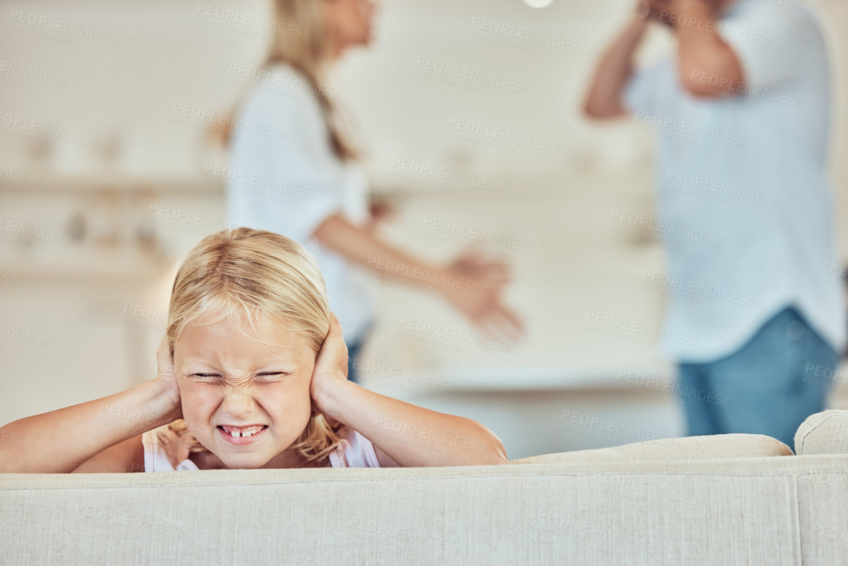 Buy stock photo Loud, sad and depressed girl in home with abuse, argument and parents in lounge, angry and bokeh. Living room, divorced and people with talk of full custody of kid, sofa and child support in house