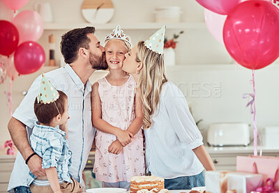 Buy stock photo Family, birthday party and kiss girl in home for love or care, siblings and happiness for celebration with cake. Mother, father and children in house for bonding on special day, together and excited.