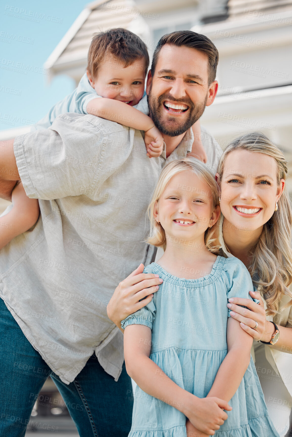 Buy stock photo Portrait, family and happy in home outdoor with piggyback for day off, bonding and support with care. Parents, kids and smile for child development or growth with house or life insurance for security