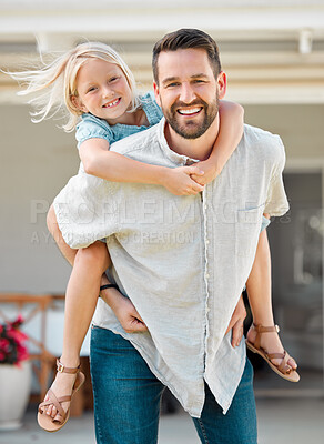 Buy stock photo Portrait, man and piggyback child outdoor for love, bonding embrace and playful interaction of support at house. Smile, father and girl with hug for family activity in backyard for memory at home