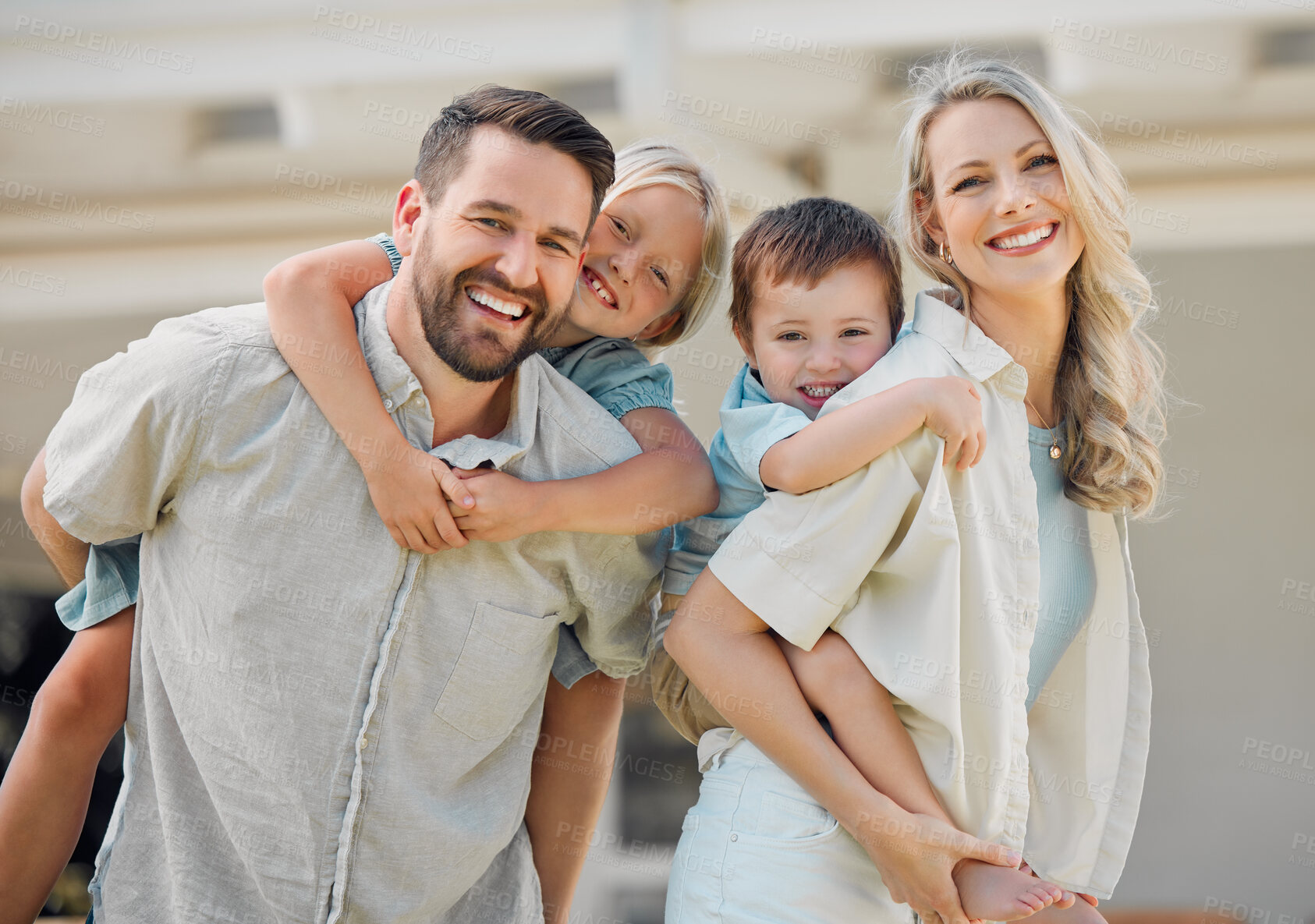 Buy stock photo Piggyback, parents and children outdoor for portrait or love, bonding and playful interaction of support at house. Smile, woman and man with kids for family activity in backyard for memory at home