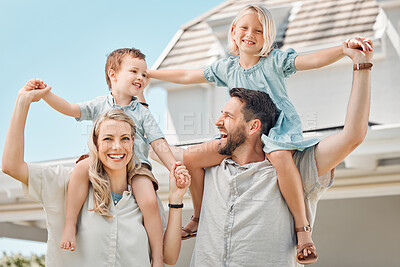 Buy stock photo Portrait, smile and family in new home, outdoor and proud of property, carrying and investment for parents. House, woman and man with real estate for inheritance of children or bond with credit score