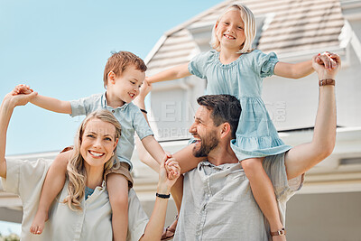 Buy stock photo Portrait, happy and family in new home, outdoor and proud of property, carrying and investment for parents. House, woman and man with real estate for inheritance of children or bond with credit score