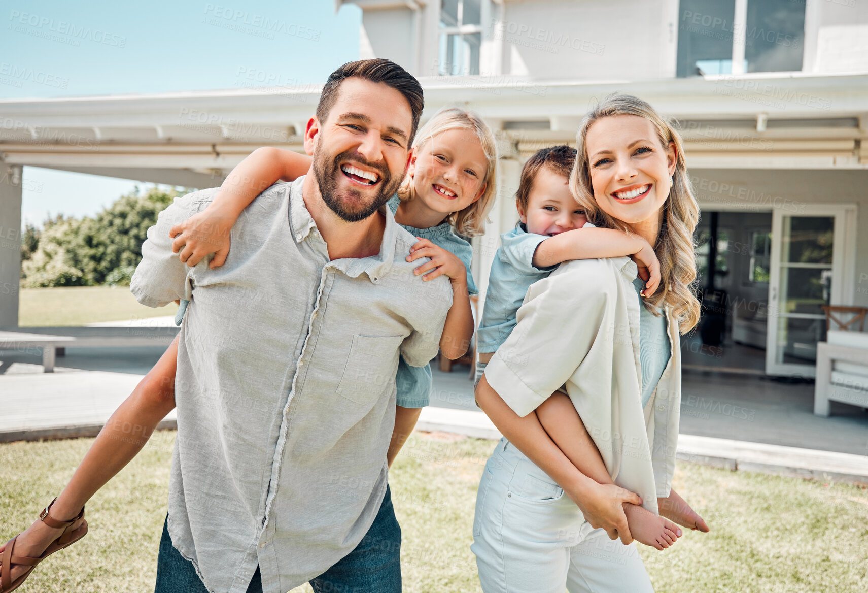 Buy stock photo Portrait, piggyback and parents with children outdoor for love, bonding and playful interaction of support at house. Smile, woman and man with kids for family activity in backyard for memory at home