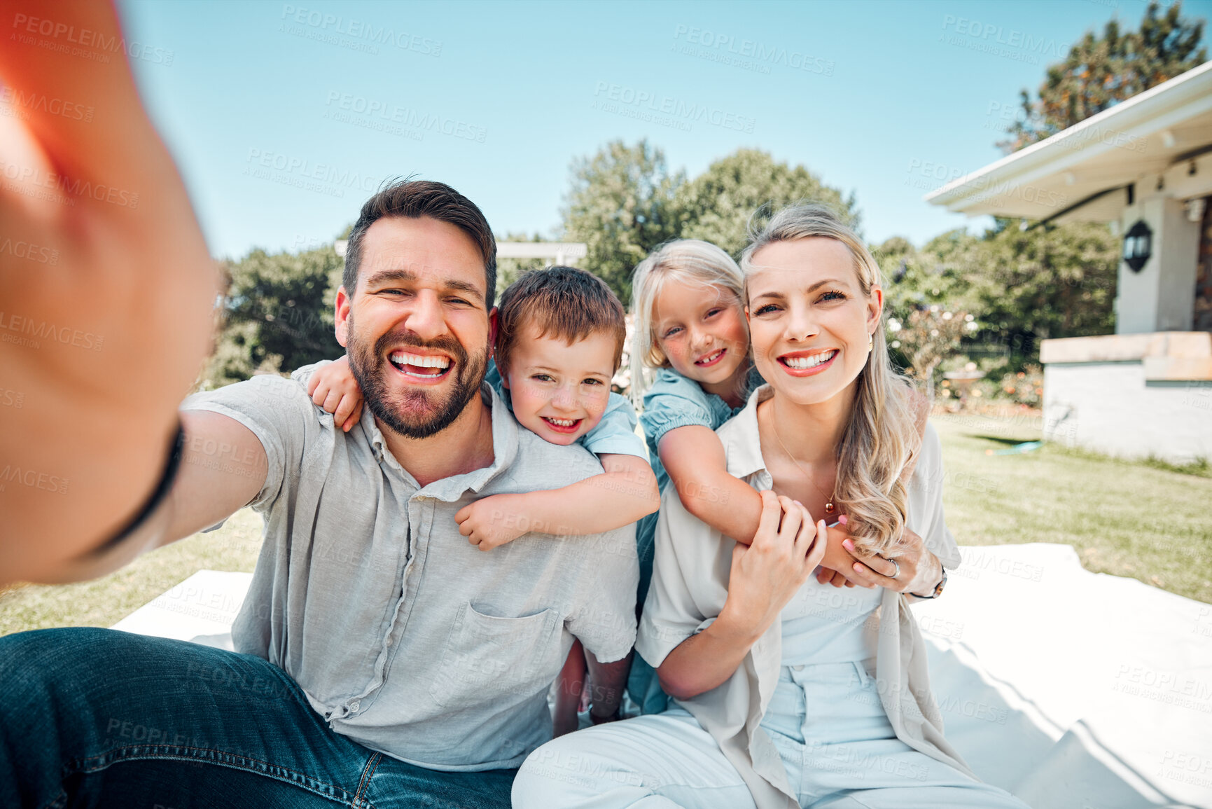 Buy stock photo Selfie, family and smile with piggyback in garden at home for bonding, support and care. Parents, kids and smile on portrait for child development or growth with creating memories for social media