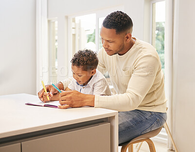 Buy stock photo Father, son and drawing in book for learning in home, support and creative color in education. Daddy, boy and kindergarten student for knowledge, child development and homework or project for school