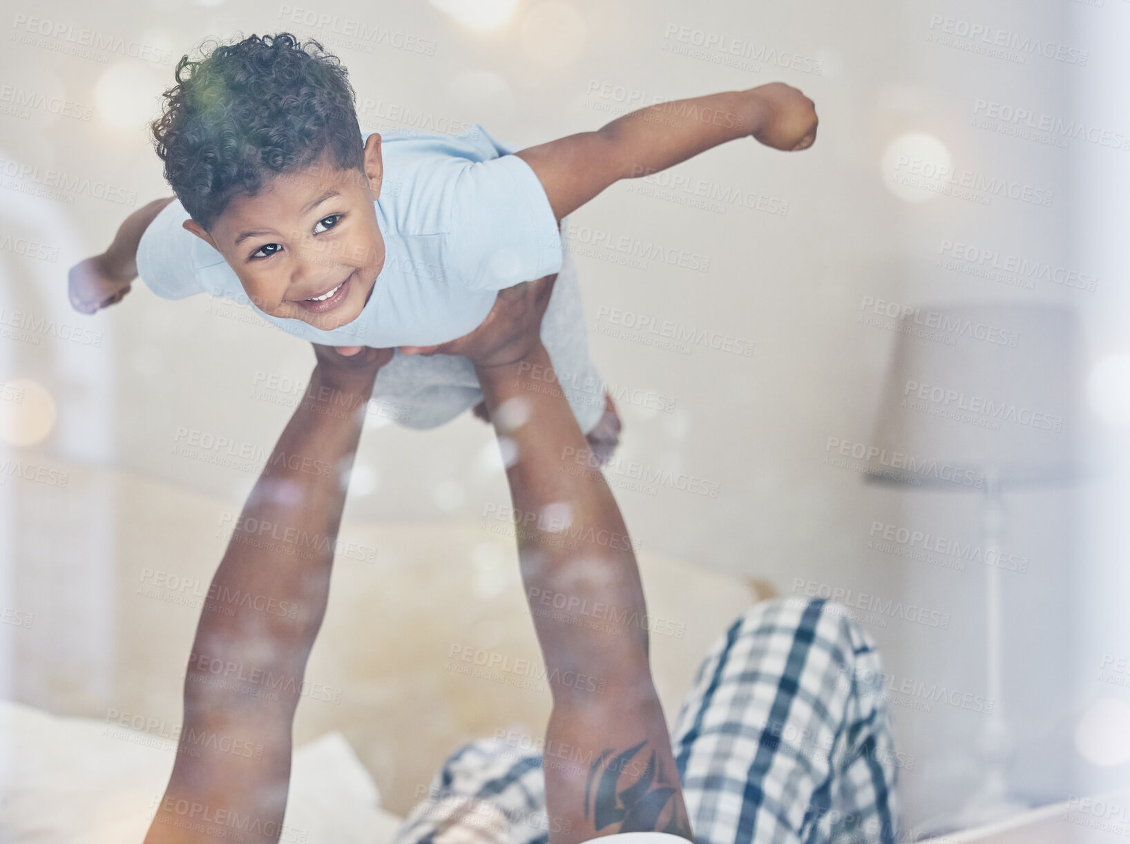 Buy stock photo Father, son and airplane in bedroom for fun, love and superhero balance or happiness. Daddy, boy and play flying game for freedom fantasy, support and parent for trust in childhood or lifting kid