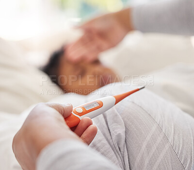 Buy stock photo Kid, sick and parent hand with thermometer for temperature check, healthcare and flu virus in bedroom. Medical care, adult or mother with young child in home for monitor fever and sleep for fatigue