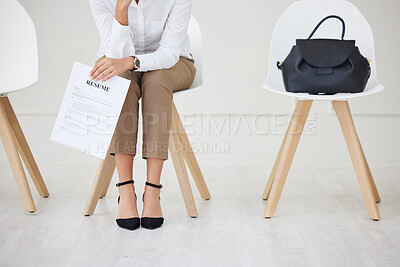 Buy stock photo Recruitment, waiting room and feet of woman with resume for job interview, opportunity or meeting at office. We are hiring, legs and girl employee with onboarding process, deal or contract offer