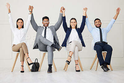 Buy stock photo Celebration, recruitment and portrait of business people in office for job interview or vacancy success. Happy, achievement and group of hiring candidates with good news and employment for onboarding