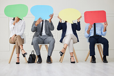 Buy stock photo Speech bubble, mockup and business people in waiting room for recruitment, offer or onboarding news. Hiring, information or employees at hr office with space sign, faq or job interview contract offer