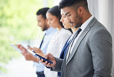 Buy stock photo Recruitment, waiting room and business people with phone at hr office for job interview, resume or survey sign up. Hiring, research and group with app for paperless, application or contract offer 