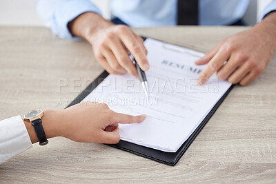 Buy stock photo Hiring, manager and hands with resume and signature with pointing and clipboard for interview at company. CV, HR and candidate for job, office and opportunity of professional with document and paper