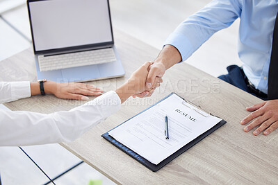 Buy stock photo Hiring, manager and handshake with resume and meeting with deal and clipboard for interview at company. CV, HR and candidate for job, people and opportunity of professional with document and paper