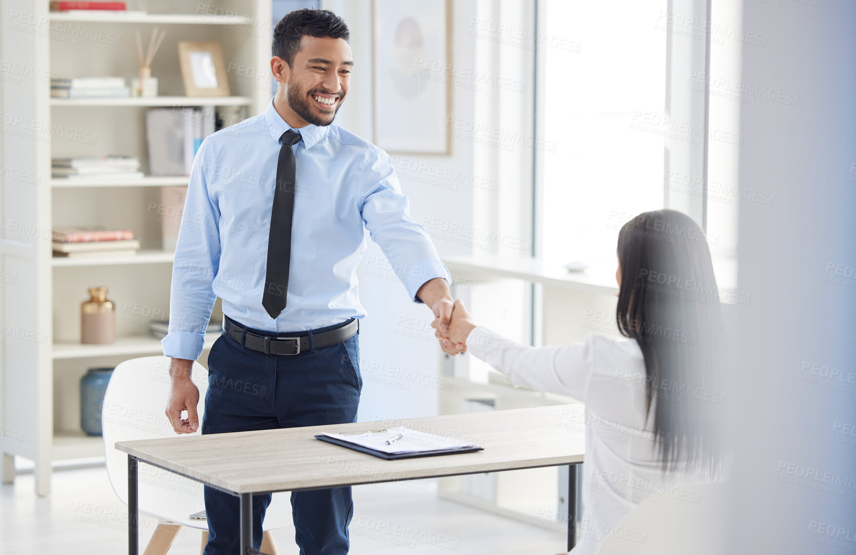 Buy stock photo Job interview, welcome and businessman with handshake in office for hiring, success or contract offer. Thank you, congratulations or employee and hr shaking hands for recruitment, deal or opportunity