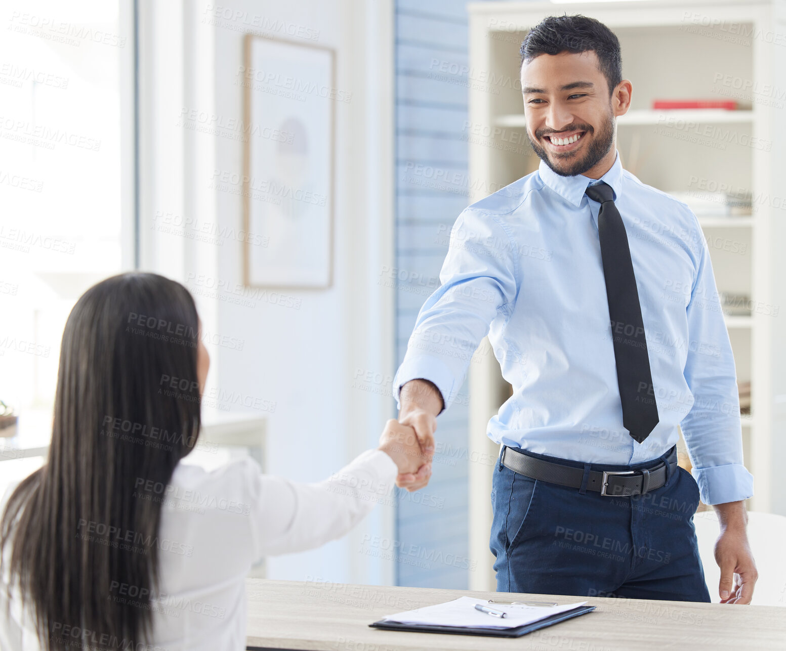 Buy stock photo Job interview, welcome and business people with handshake in office for hiring, success and contract offer. Thank you, congratulations or employee and hr shaking hands for recruitment, deal or growth