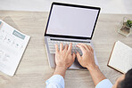 Above of unknown mixed race hiring manger typing on laptop in office. CEO sitting alone and using technology, paperwork to search for applicant for job opening, vacancy, office opportunity. Hr boss
