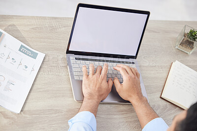 Buy stock photo Typing, laptop screen and hands of businessman at desk for project budget, annual report or mockup in office. Above, technology and finance employee with paperwork for online, feedback or proposal