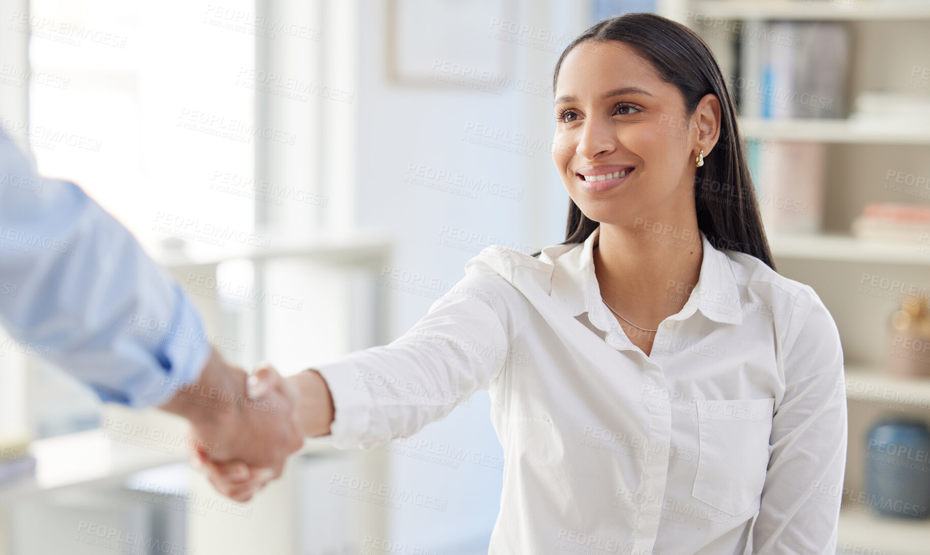 Buy stock photo Job interview, hiring and happy woman with handshake in office for recruitment, success or contract offer. Thank you, welcome or employee and hr shaking hands for business, deal or b2b opportunity