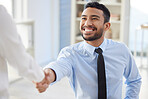 Two mixed race businesspeople in handshake after signing contract in interview. Asian applicant meeting CEO and hiring manger. Candidate hired for job opening, vacancy, office opportunity, promotion