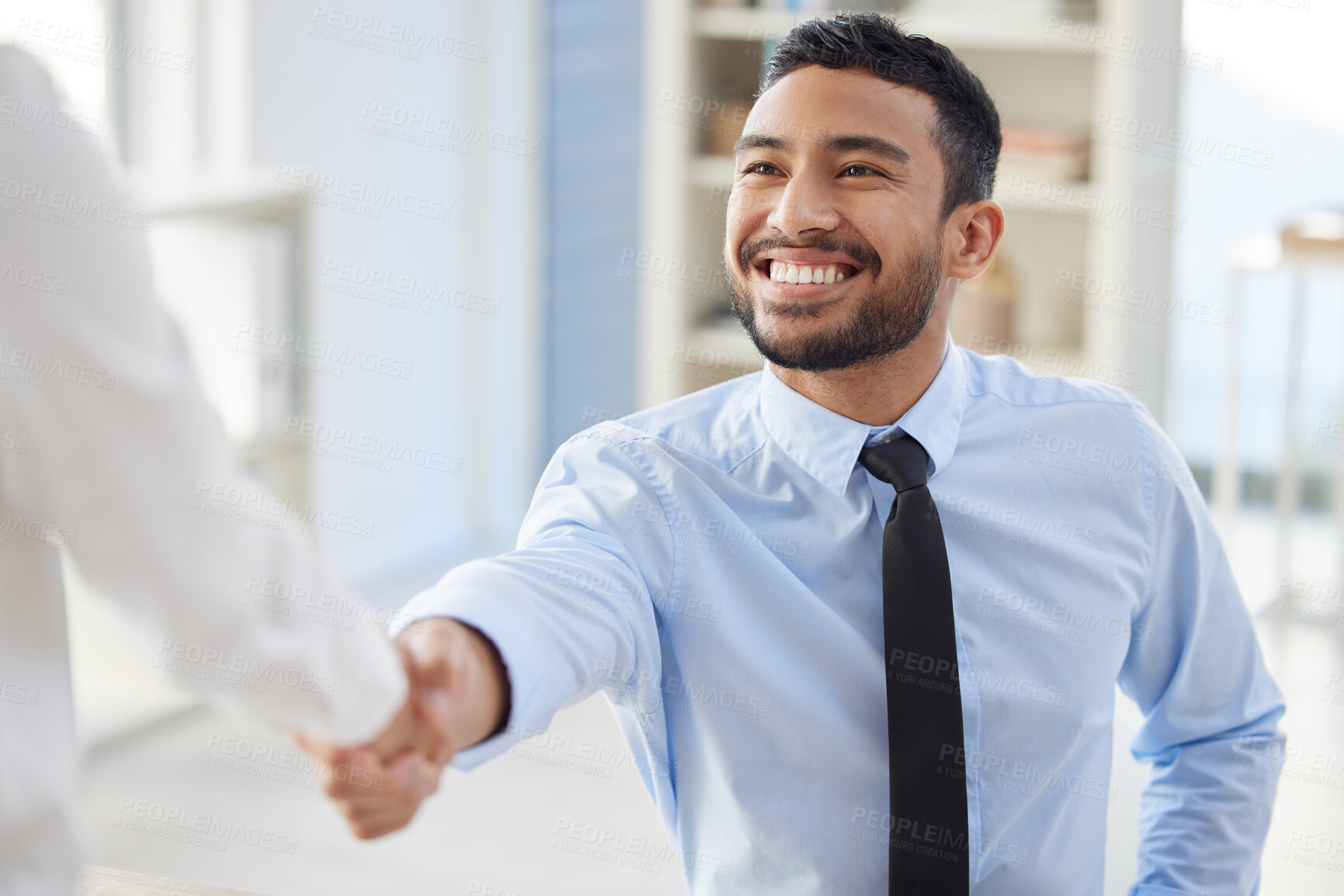 Buy stock photo Thank you, handshake or happy man with hr in office for contract, agreement or job interview success. Welcome, praise or employee shaking hands in business meeting for hiring, recruitment or b2b deal