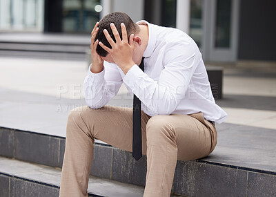 Buy stock photo Business, fail and man with stress headache on building steps for unemployed, crisis or job interview mistake. Anxiety, disaster and employee outdoor overwhelmed by recession, economy or inflation