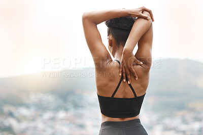 Buy stock photo Woman, stretching and arm warm up for exercise, fitness and race training outdoor with back. Sport, health and wellness with start and hill at sunrise with workout and relax morning with view